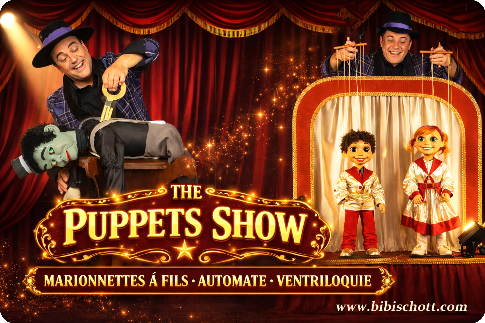 Marionnettes à fils, Bibi-schott, artiste pour enfants, Automate, ventriloque, ventriloquie, arbre de Noël, spectacle pour enfants, marionnettiste, 