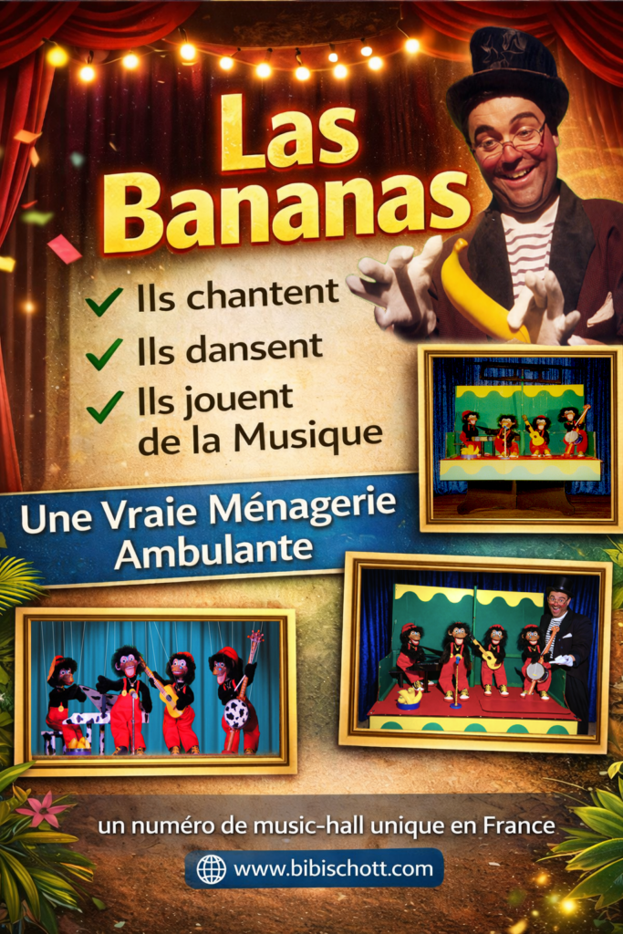 Marionnettes à fils, BiBi - SCHOTT, Bibi schott, ventriloquie, marionnettes singes, fête de noël, magie, magicien, animation pour enfants,