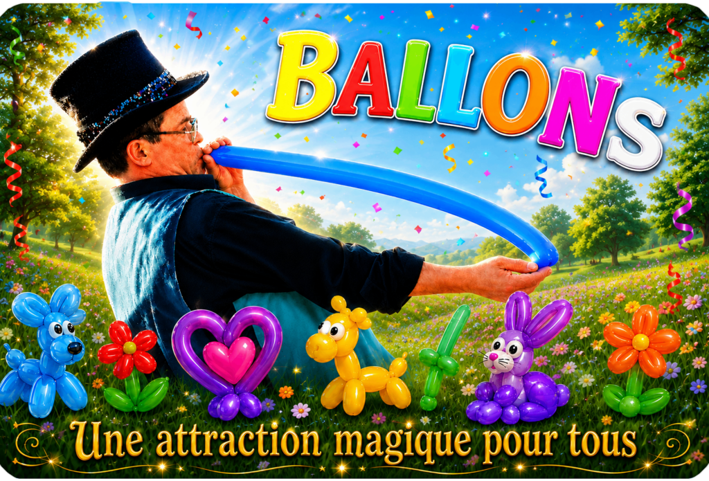 Sculpteur sur ballons Bibi schott le magicien des couleurs avec ses ballons transformer en chien , chat, fleurs et autres . une attraction pour toute la famille