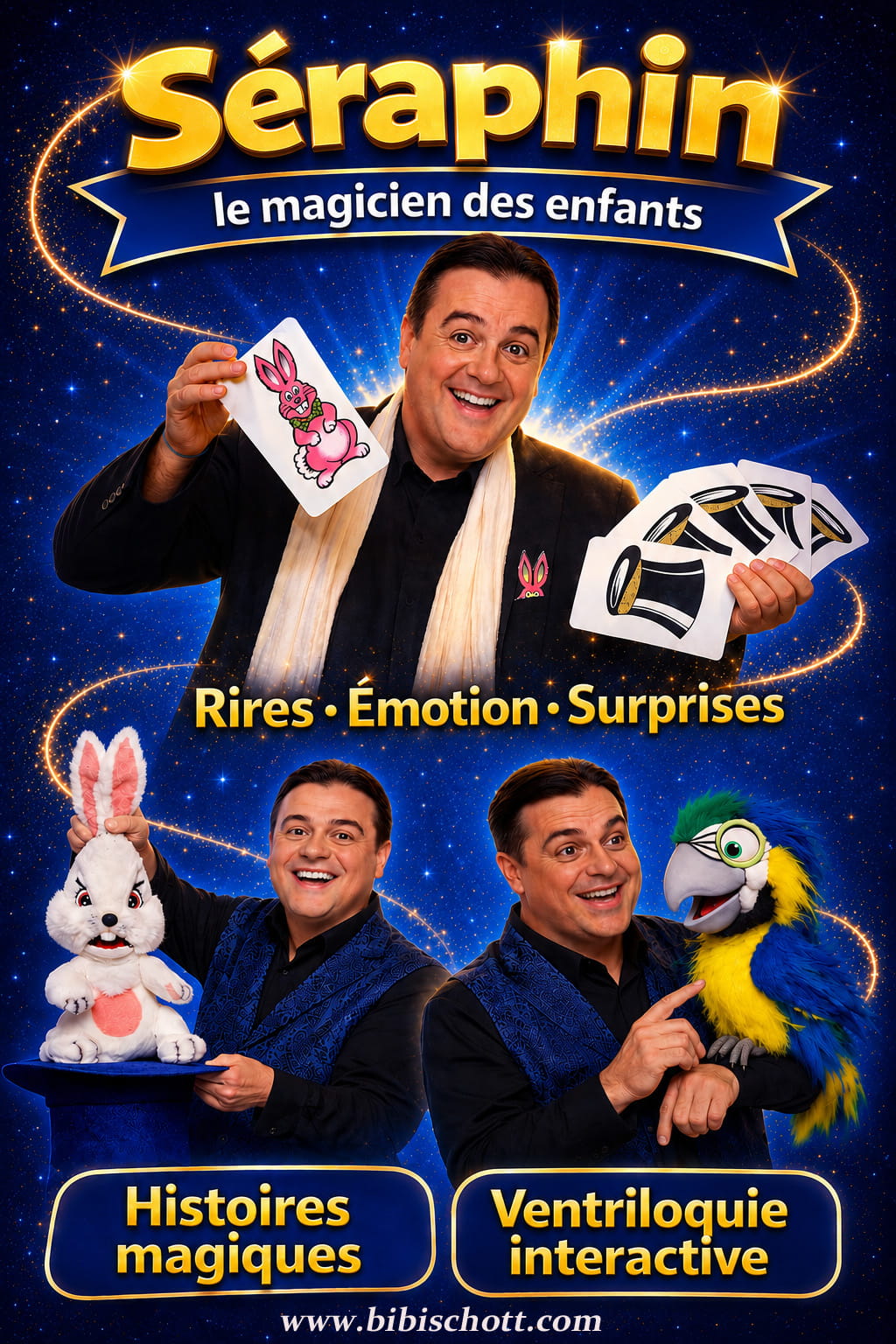 le magicien Bibi-schott, spectacle pour enfants, ventriloque pour jeune public, marionnettes, magie de noël, animation pour toute la famille, arbre de noël, clown, humoriste,
