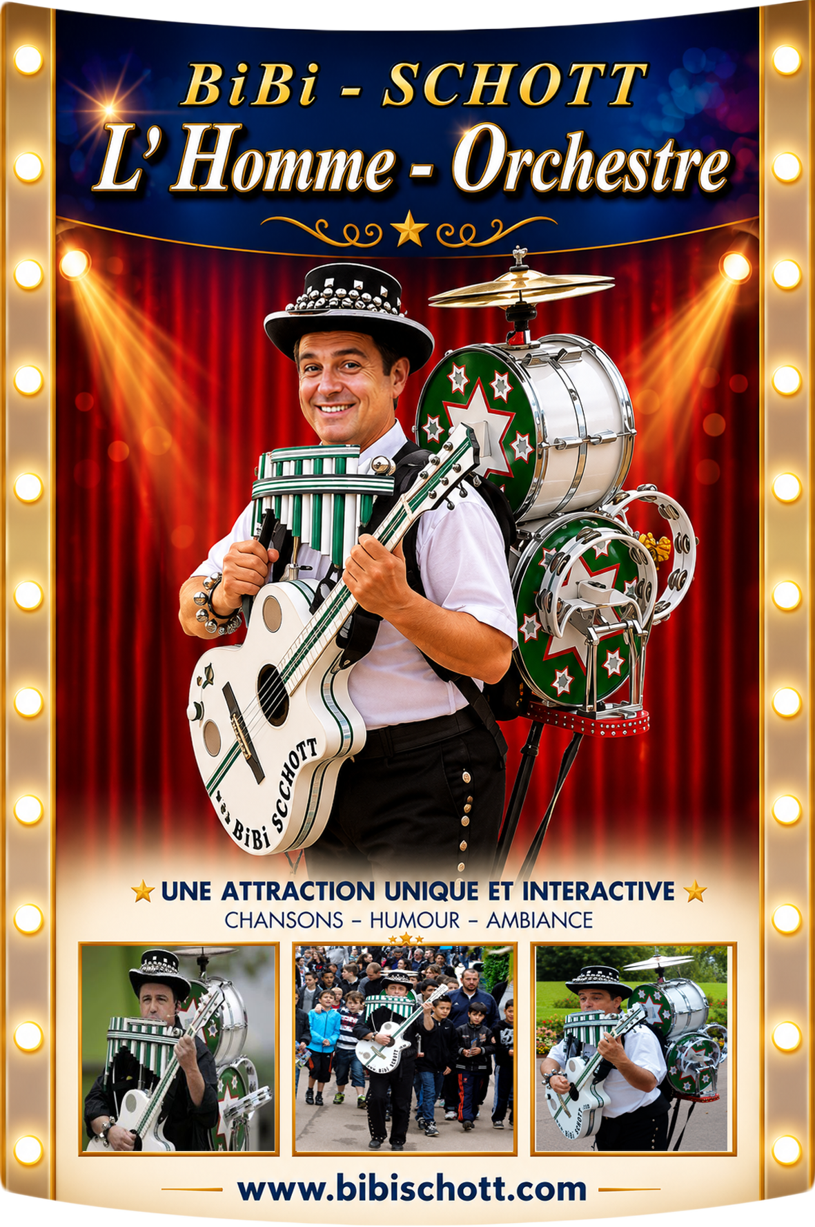 Bibi-schott Lhomme-orchestre, animation de rue, magicien, ventriloque, huporiste, spectacle pour enfants,